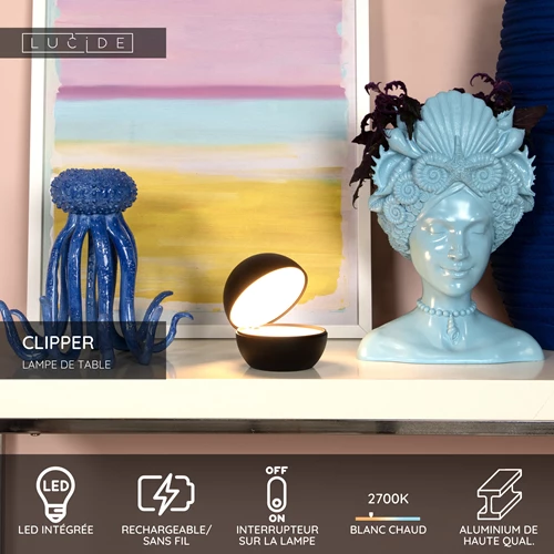 Lucide CLIPPER - Lampe de table Rechargeable - Batterie/Piles - Ø 12 cm - LED - 1x2,2W 2700K - Noir - USP